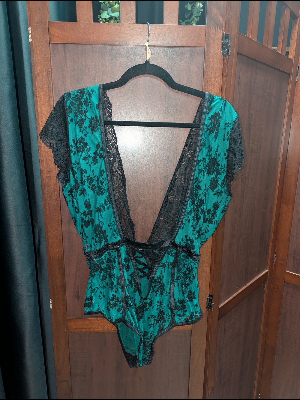 Teal Lace-Trim Deep V Women’s Bodysuit with Floral Overlay